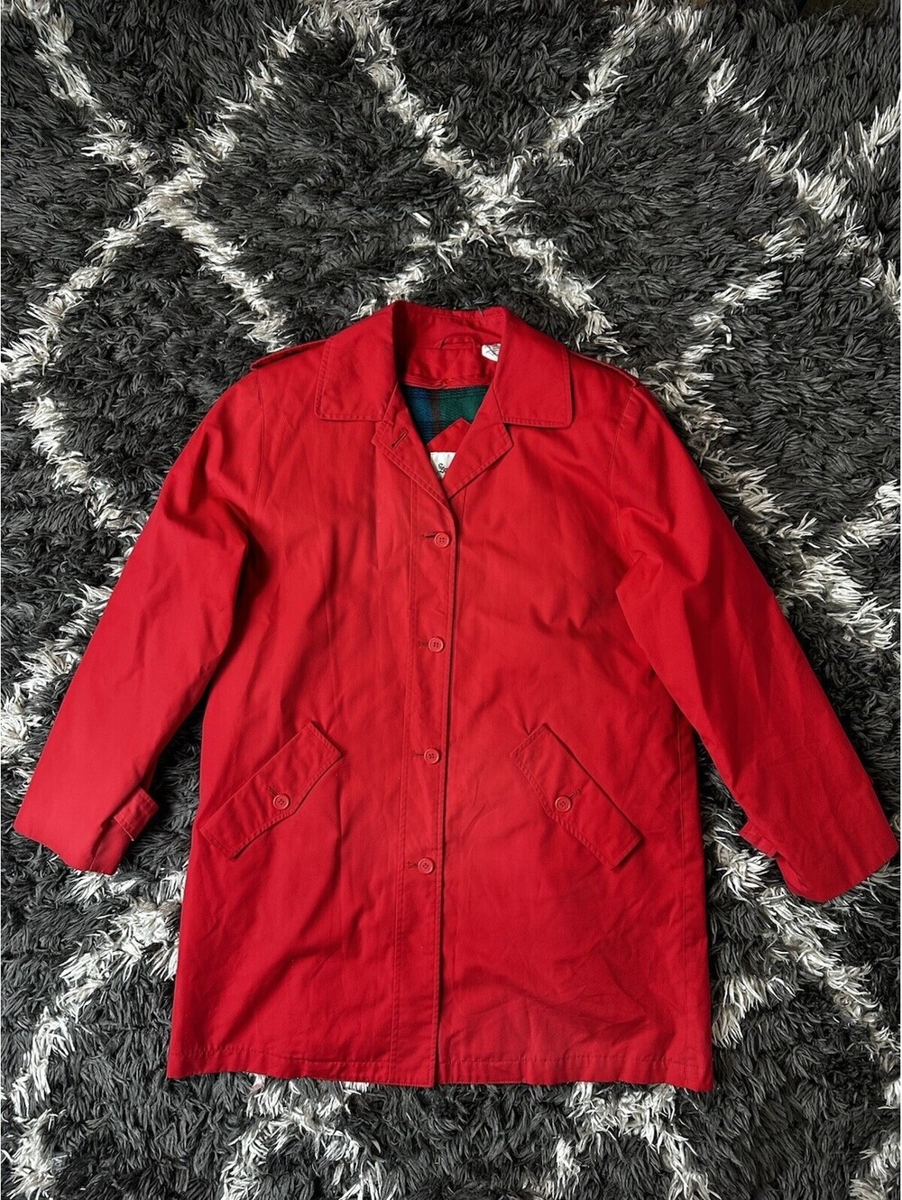 Vintage 70s 80s Saxton Hall Womens M Red Plaid Lined Trench Rain Coat Korea
